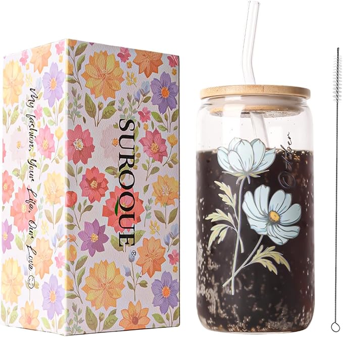 SUROQUE Birth Month Flower Iced Coffee Glass Cup 16oz Custom Tumbler Birthday Gifts Personalized Gifts for Women, Teachers, Bridesmaids, Birthdays, Mom, Valentines