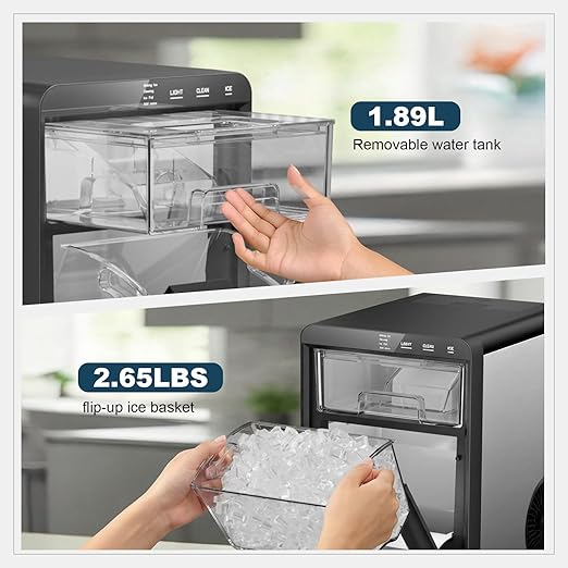 Nugget Ice Maker Countertop, 44lbs/24h Nugget Ice Machine, Soft Ice Ready in 5-10Mins Pellet Ice Maker, Self-Cleaning Sonic Ice Maker for Home, Kitchen, Office, Party