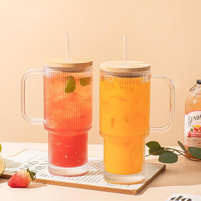 SoulTimes 24oz Ribbed Glass Tumbler with Handle and Bamboo Lid, Set of 2 Glass Cups with Lids and Straws for Coffee, Tea, Juice and Smoothies, Reusable Iced Coffee Cups Includes 2 Sealed Plastic Lids