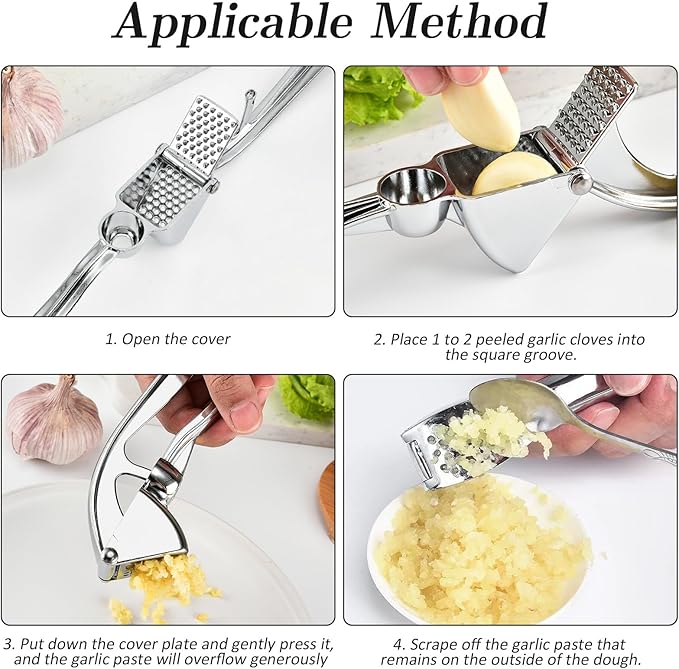 Premium Zinc Alloy Garlic Press, Heavy Duty Rust-Proof Garlic Crusher Mincer with Ergonomic Handle, Dishwasher Safe Easy Squeeze & Clean Kitchen Tool - Silver