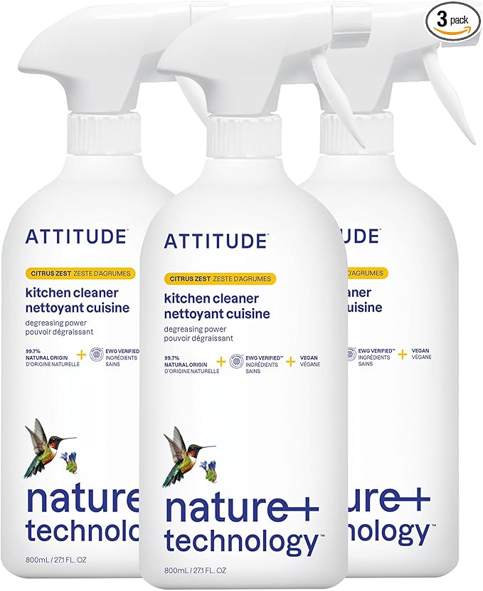 ATTITUDE Kitchen Cleaner Spray, EWG Verified, Degreaser Spray to Cut Grease & Grime, Plant-Based & Vegan, Citrus Zest Scent, 27.1 Fl Oz (Pack of 3)