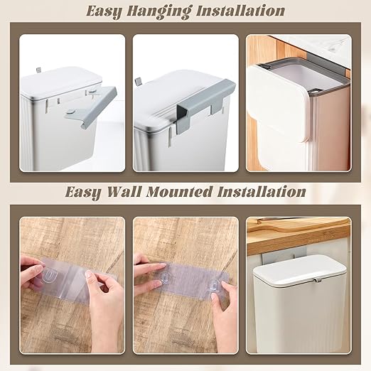 2.4 Gallon Kitchen Compost Bin for Counter Top Under Sink, Hanging Small Waste Basket Trash Can with Lid Wall Mounted Indoor Garbage Bucket for Cabinet Cupboard Bedroom Bathroom Office Camping