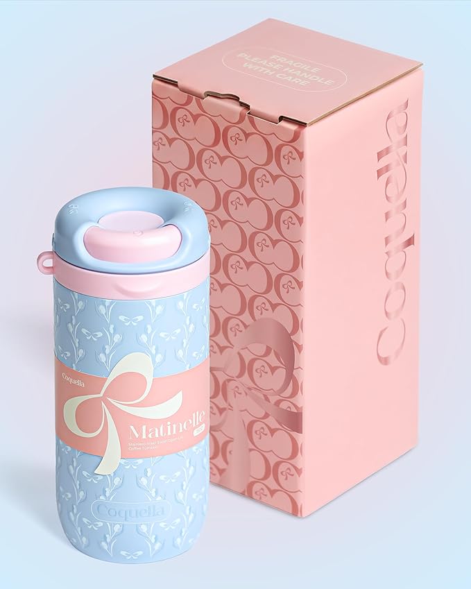 15 oz Stainless Steel Coffee Tumbler with Twist-Open Lid, Insulated Travel Mug for Iced Coffee Cold Brew and Warm Beverages, Leakproof, BPA-Free, Cup Holder Friendly, Bow Charm, Tulip Blue