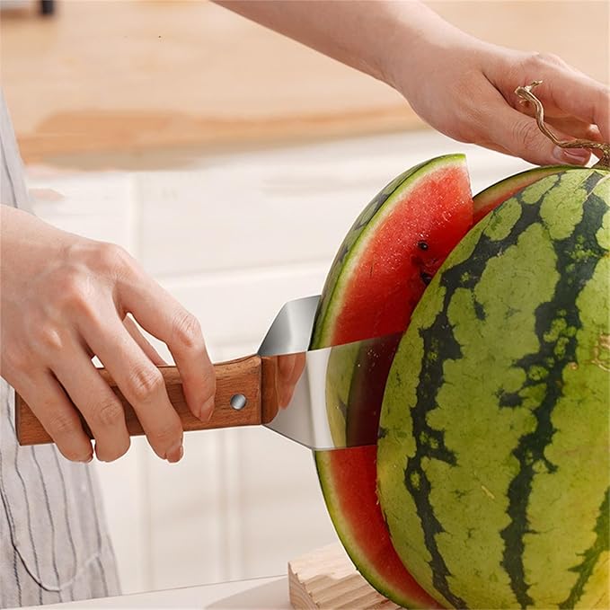 Triangle Watermelon cutter, Stainless Steel with Wooden Handle Melon Slicer, Fruit Cutter for Kitchen Gadgets, Fruit dicing tool divider for Watermelon, Apple, Cantaloupe (4 PCS)