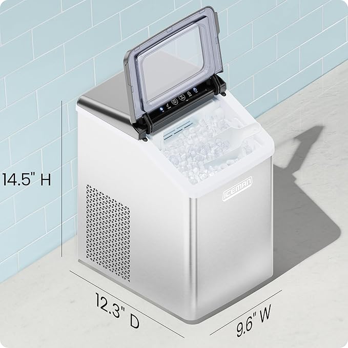Iceman Pebble Ice Machine, Countertop Nugget Ice Maker Produces Chewable Pellet Ice in 20 Minutes, Makes 33lbs/Day, with One-Touch Cleaning Function and Ice Scoop/Basket Included – Stainless Steel