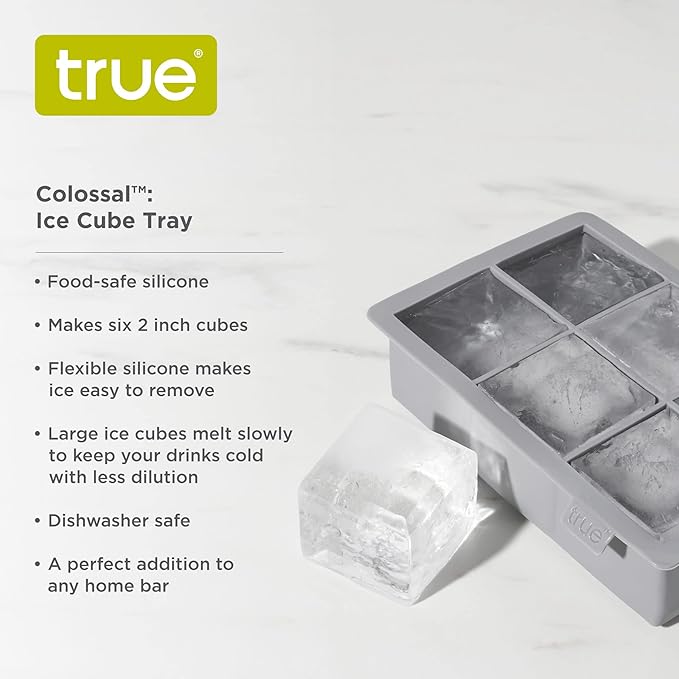 True Colossal Ice Cube Tray, Large Silicone Ice Mold for 2 Inch Cubes, Easy to Release, Perfect for Whiskey, Cocktails, Mixed Drinks, Iced Tea, Soda, Kitchen & Home Bar Gifts, Set of 1, Gray