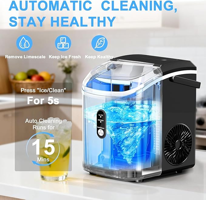 Nugget Ice Maker Countertop with Handle, Chewable Pellet Ice Maker with Self-Cleaning, 35.5Lbs/24Hrs, Ready in 6 Mins, Portable Sonic Ice Maker with Basket & Scoop for Home, Party, Camping, Black