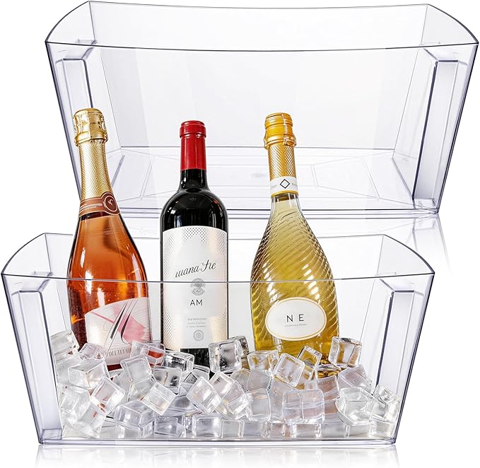 12L Large Ice Bucket for Parties, 2 Pack Clear Beverage Tub, Heavy Duty Plastic Drink Cooler for Beer Wine Champagne, Mimosa Bar Supplies, Party & Bar Ice Buckets (Clear, 12L)