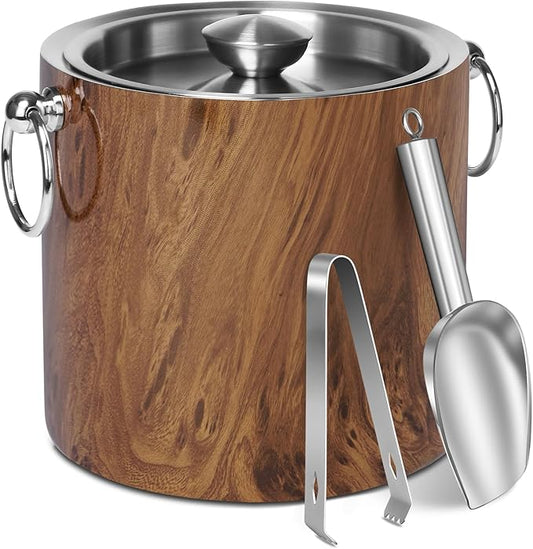 Ice Bucket with Lid & Tong- Well Made Insulated Stainless Steel Keep Ice Frozen Longer - Ideal for Cocktail Bar, Parties, Chilling Wine, Champagne - 3 Liter (Teakwood)