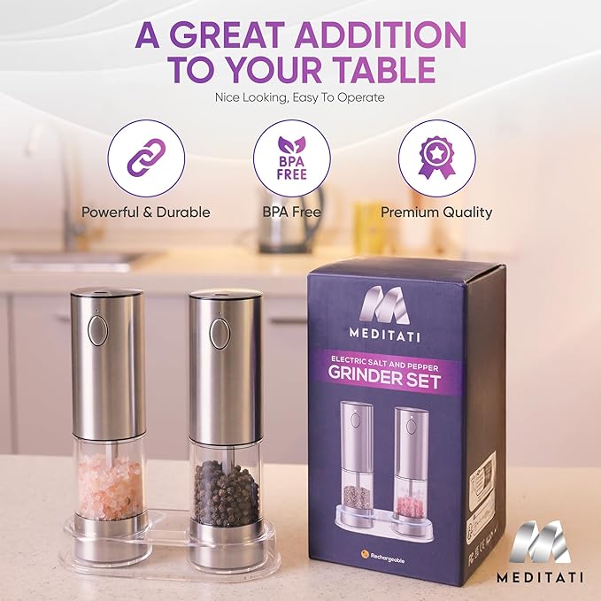 Rechargeable Automatic Salt and Pepper Grinder Set - One Hand Operation with LED Light for Precise Seasoning - Adjustable Coarseness with Ceramic Core - Set of 2