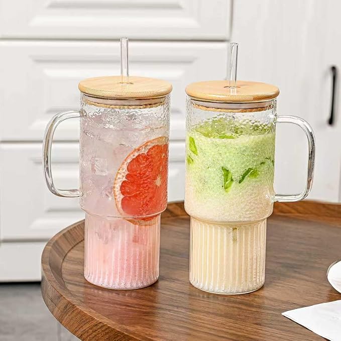 32oz Ribbed Glass Cup with Handle Lid and Straw，Borosilicate Glass Tumblers, Iced Coffee Cups Modern Glass Mug Hot/Cold Drinks for Smoothies, Tea, and Juice (32oz-2PACKwithBamboolid-new)