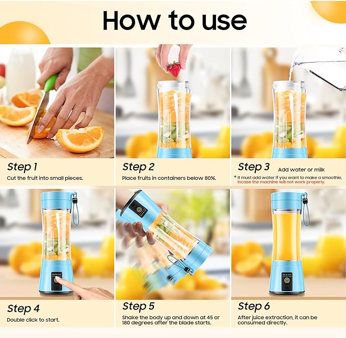 Cordless Personal Size Portable Blender - 12 Oz Blender for Smoothies and Shakes with BPA Free Traveling Juice Cup, 6 Blades for Powerful Blending, Suit for Sports/Travel/Home