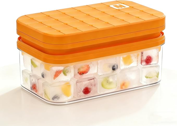 Effortless Ice Cube Tray, One-Second Release Ice Maker with Large Storage Bin and Ice Scoop, 2-Pack Stackable Silicone Trays Makes 56 Cubes, Odor-Free & Space-Saving for Cocktails & Coffee