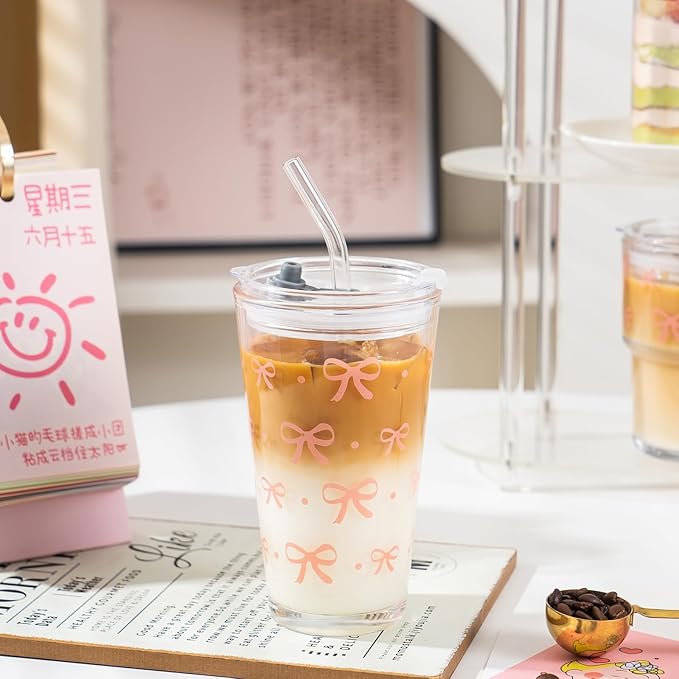 Olvini Coquette Cute Pink Bow Glass Cups with Lids and Straws, Aesthetic Iced Coffee Cups, Preppy Glass Cups, Coffee Tumbler, Matcha Cup, Teen Girl Gifts Trendy Stuff (Bow)