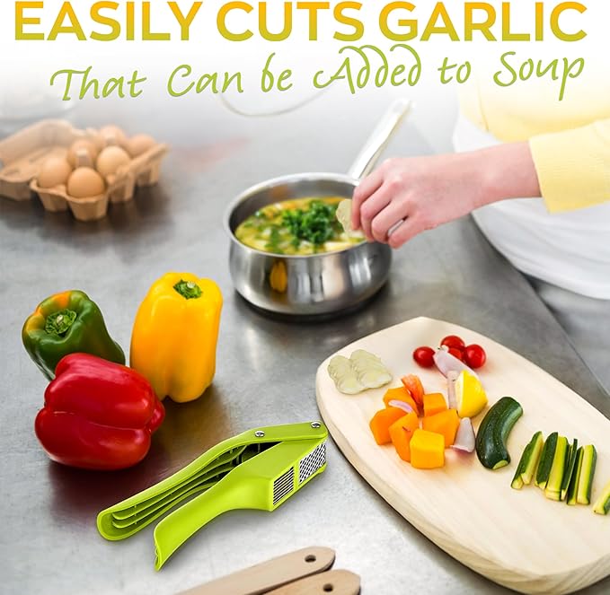 2 in 1 Garlic Slicer and Mincer - Multipurpose Garlic Press and Slicer, Stainless Steel and Durable Plastic, 7.6 x 1.7 x 2.5" Convenient Size, Easy to Use and Clean, Good for Home and Commercial Use