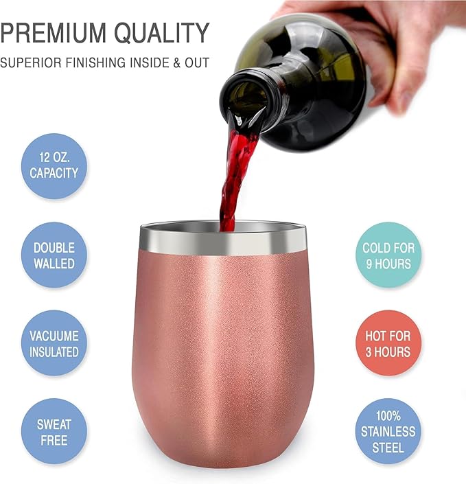CHILLOUT LIFE 12 oz Stainless Steel Wine Tumblers 2 Pack & 1 Insulated Wine Bottle - Double Wall Vacuum Insulated Wine Glasses Cups with Lids and Straws Set Keeping Cold & Hot Gift Set - Rose Gold