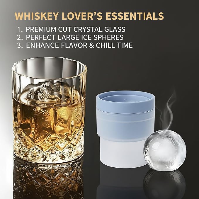 Whiskey Glasses Set of 6 with 6 Ice Ball Molds - 11 Oz Old Fashioned, Bourbon, Scotch, Cocktail, Rocks Glasses, Crystal Barware Drinking Set, Gift Box, Unique Bourbon Gifts for Men