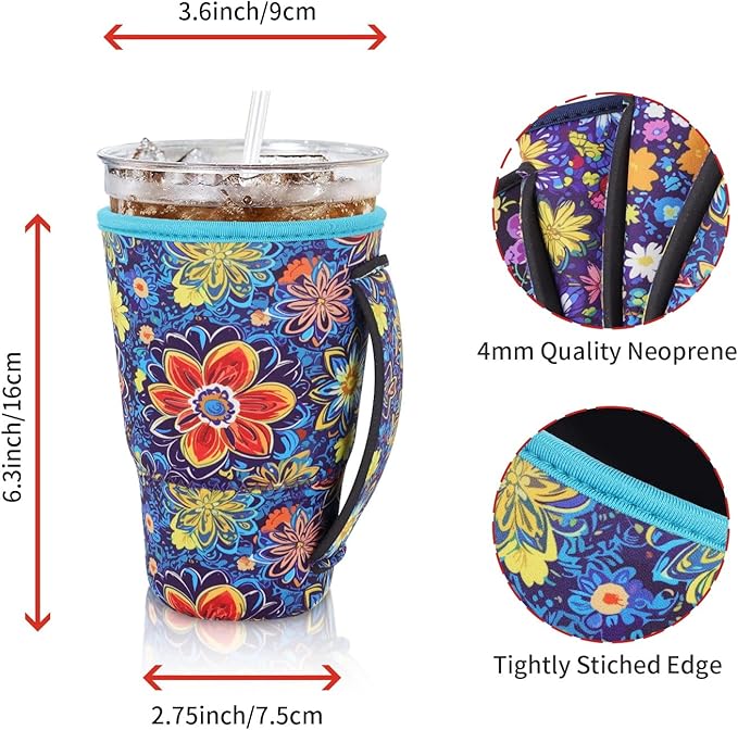 4Pack Reusable Iced Coffee Sleeve Insulator Sleeves for Cold Drinks Beverages, Neoprene Cup Holder for Most Coffee, Fits 30-32oz Large Cups (Abstract Flowers with Handle)