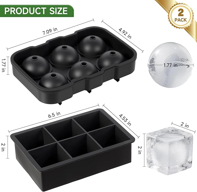 Silicone Ice Cube Tray, Easy Release Flexible Silicone Freezer Mold with Removable Lid, 2PCS of 6 Large Ice Cubes Per Tray for Whiskey, Freezer, Cocktail, Reusable & BPA Free