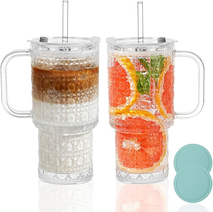 17oz Water Glass Tumbler with Handle & Lid Coasters, Reusable Iced Coffee Cups with Straws – Set of 2, Glass Cups for Beverages,Smoothies, Juice, Coffee, Tea
