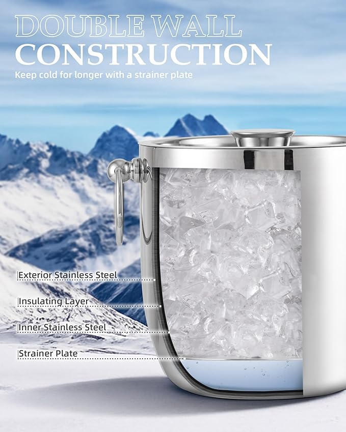 Insulated Ice Bucket, 3L Double Wall Stainless Steel Ice Bucket with Tongs,Lid, Scoop and Strainer, Ice Buckets for Parties,Cocktail Bars, Chilling Beer, Champagne, Wine Bottles