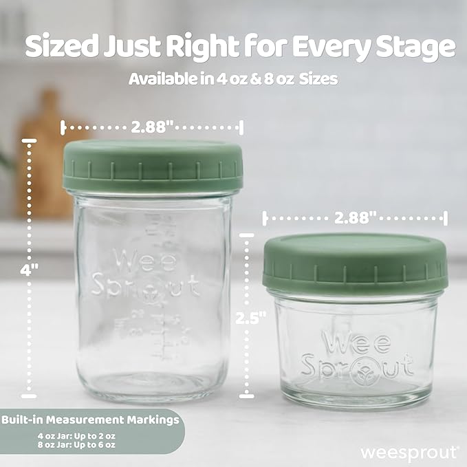 WeeSprout Baby Food Storage Glass Jars w/Lids (4 oz, 24 Pack) Matte Variety, Snack, Reusable Small Containers, Fridge or Freezer, Microwave & Dishwasher Safe, Essentials for Infants