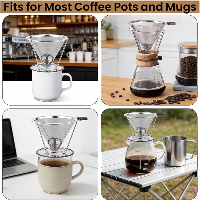 Vikuces®800 Mesh Reusable Pour Over Coffee Dripper, Metal Stainless Steel Honeycomb Filter, Paperless Cone Filter for Hario V60, Chemex and Mugs with Separate Stand, Single Cup Coffee Maker, 1-4 Cup