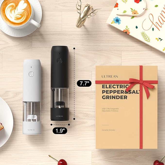 Ultrean Pepper Grinder, Rechargeable Salt and Pepper Grinder Set with 6 Adjustable Coarseness, LED Light, Automatic Grinder for Kitchen, House Warming Gifts New Home, White&Black