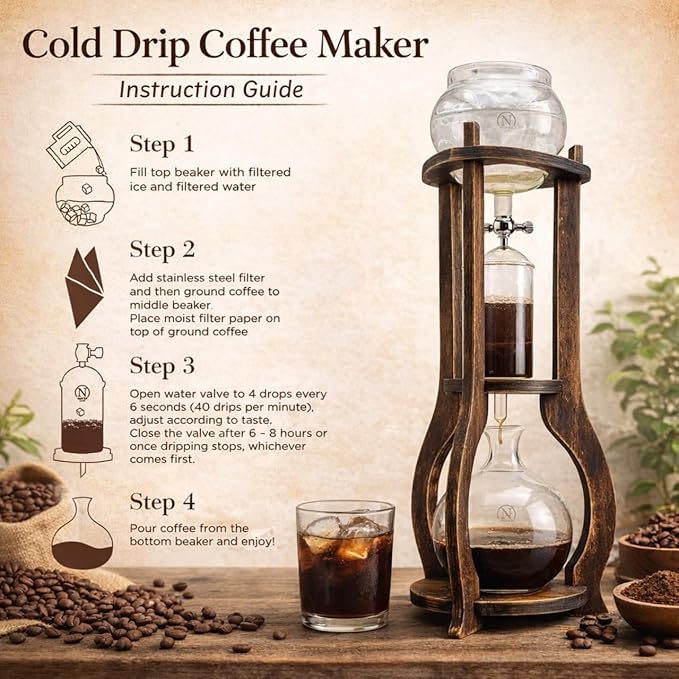 Nispira Iced Coffee Cold Brew Drip Tower Coffee Maker, 6–8 Cup Manual Cold Brew Brewer with Adjustable Valve, Wooden Frame & Glassware, Slow Cold Extraction System