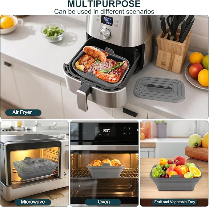Silicone Air Fryer Liners Collapsible, 8.2 Inch Reusable Air Fryer Liners With lid-Long-lasting Freshness - Easy to Clean Air Fryers Pot for 5.8 to 8 Qt Baking Tray Oven Accessories,Gray
