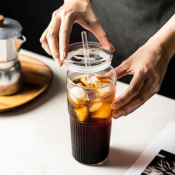 JunVpic Glass Tumbler with Straw and Lid, 20 OZ Clear Iced Coffee Glasses Cups for Ice Water, Juice, Tea, Milk, Smoothie and Cold or Hot Drinks, Set of 2