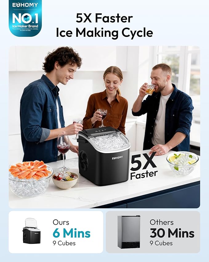 EUHOMY Countertop Ice Maker Machine with Handle, 26lbs Per Day, 9 Bullet Cubes in 6 Mins, Self-Cleaning Portable Ice Maker with Basket and Scoop, for Home/Kitchen/Camping/RV (Black)