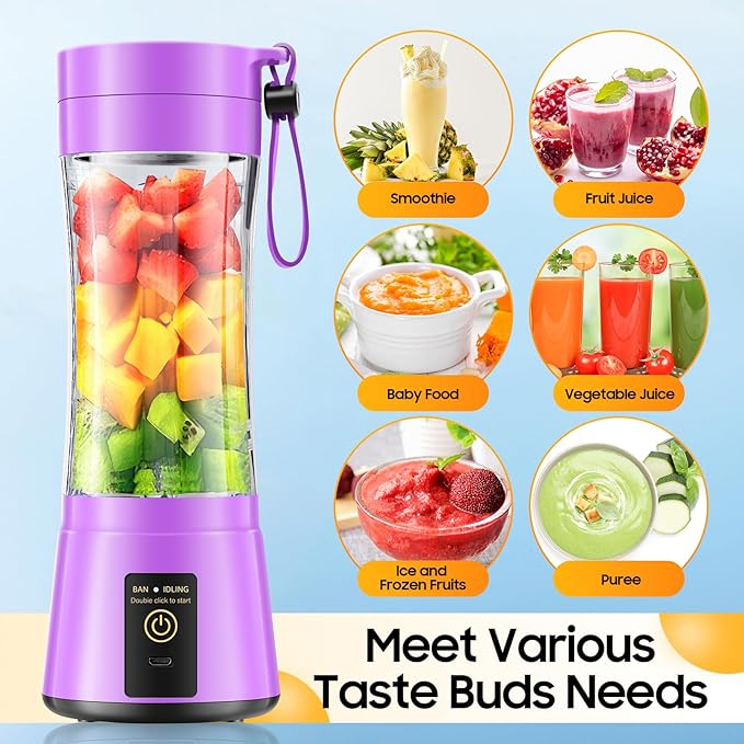 Portable Blender for Smoothies and Shakes - Personal Size Mini Blender with 380Ml Travel Cup, 6 Stainless Steel Blades for Powerful Blending, Fresh Fruit Juicer for Home/Travel