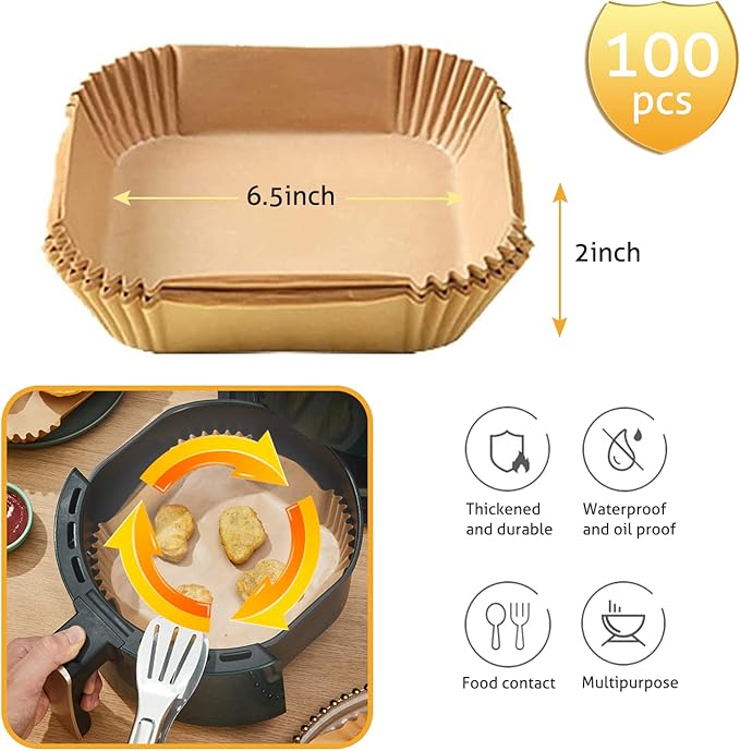 Ailun Air Fryer Paper Liners 6.5inch, 100PCS Non-Stick Parchment Paper,Oil Resistant,Disposable Food Grade Free of Bleach Paper Square for 2-5 QT Air Fryer Baking Roasting Microwave