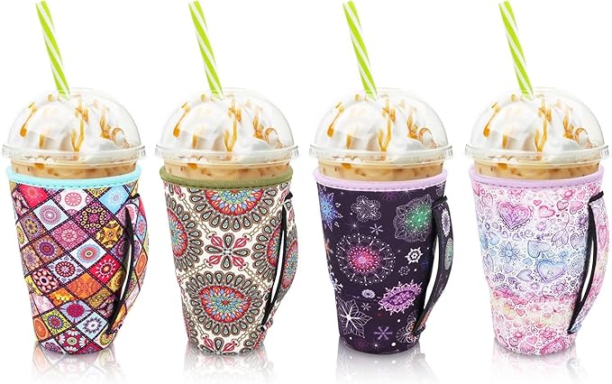 4Pack Reusable Iced Coffee Sleeve Insulator Sleeves for Cold Drinks Beverages, Neoprene Cup Holder for Most Coffee, Fits 30-32oz Large Cups (Mandala)