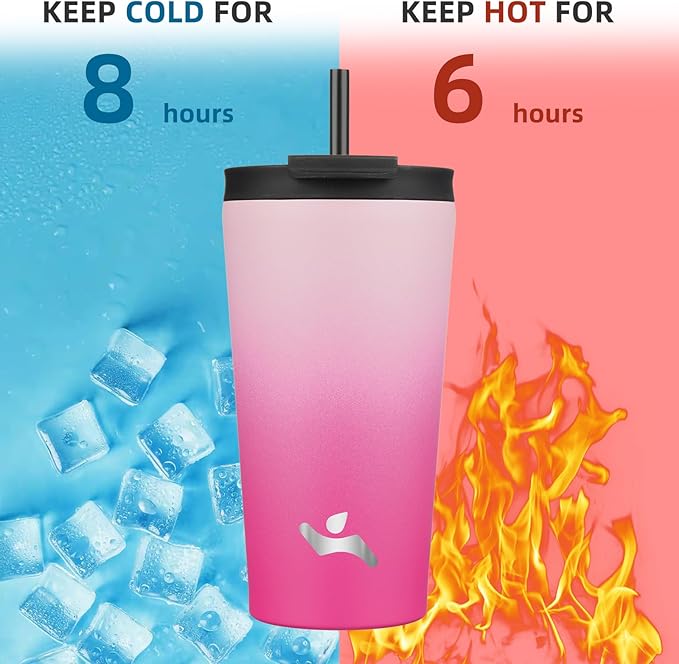 Konokyo 18 OZ Insulated Tumbler with Lid and 2 Straws Stainless Steel Water Bottle Vacuum Travel Mug Coffee Cup,Cherry