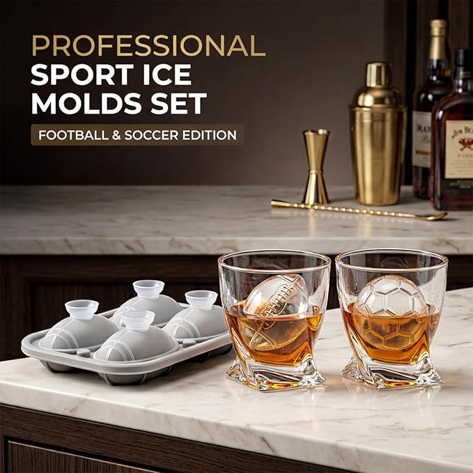 2-Pack Silicone Ice Ball Molds – 1 Football + 1 Soccer, 2.2" Large Whiskey Ice Spheres, Easy-Release & Dishwasher-Safe, BPA-Free Ice Trays for Cocktails, Bourbon, Parties & Gifts