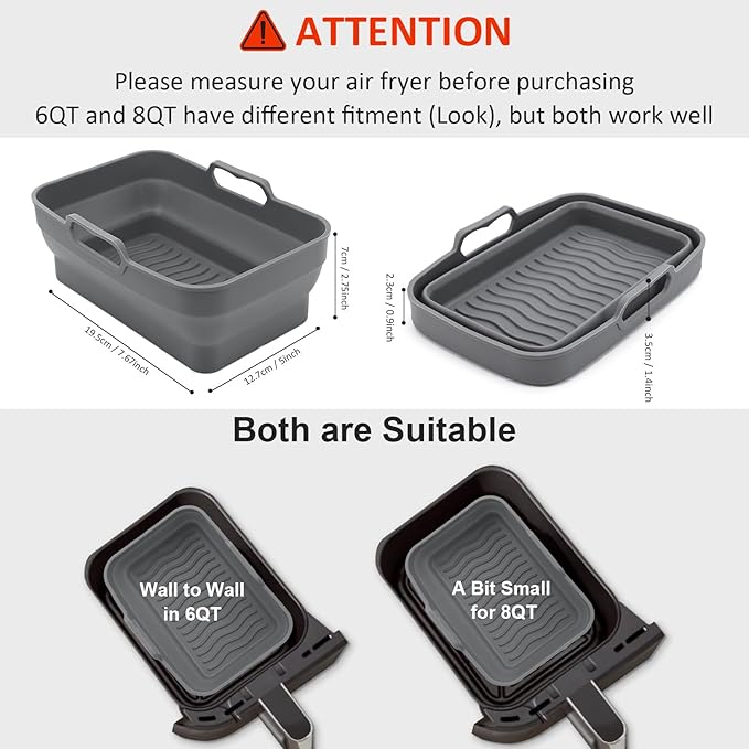 Air Fryer Silicone Liners Pot for Ninja Foodi Dual DZ090 6QT, 2 Pack Reusable Air Fryer Silicone Replacement Basket Bowl, Collapsible Baking Tray for Air Fryer Accessories (Gray)