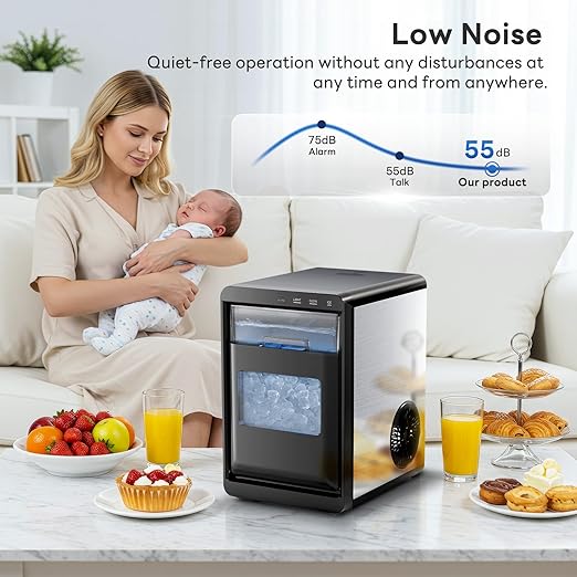 Kismile 44Lbs/Day Nugget Ice Maker, Countertop Sonic Ice Machine with Self-Cleaning, Fast Ice Making in 10-14 Mins, Removable Basket & Ice Scoop – Perfect for Home, Kitchen, RV, Office, Bar