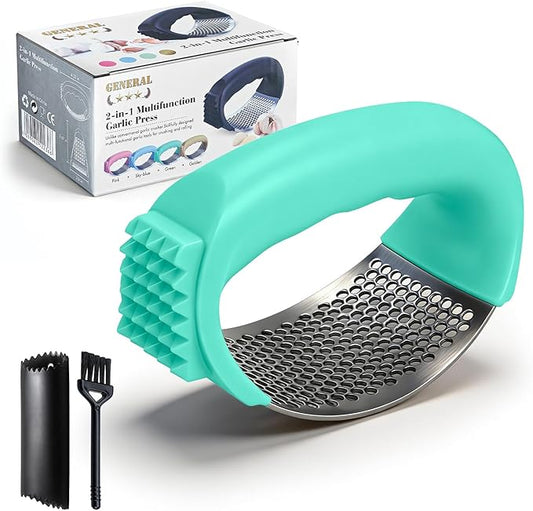 Garlic Press Rocker 304 Stainless Steel Garlic Mincer Crusher Easy to Clean Dishwasher Safe Textured End for Light Tenderizing, with Silicone Peeler and Cleaning Brush (Green)