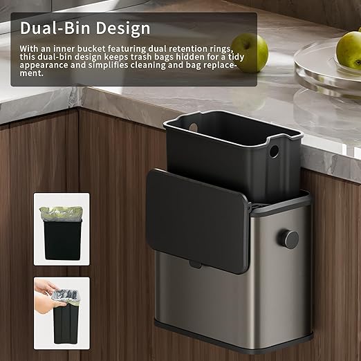 MRBIN Stainless Steel Compost Bin Countertop with Lid, Hanging Trash Can for Kitchen Cabinet Door, Indoor Recycle Basket Food Waste Scrap Dustbin for Kitchen Under Sink with Inner Bucket