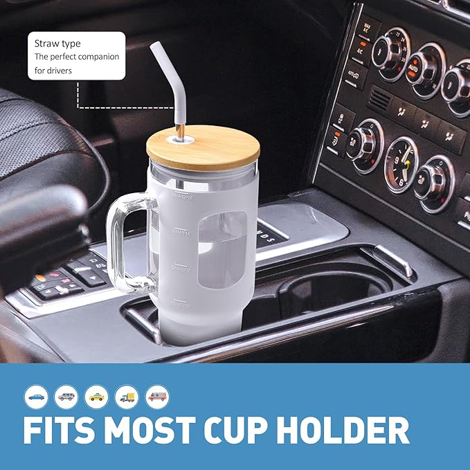 WINSA Glass Tumbler with Straw and Lid, 40 oz glass cup with handle, Glass Water Bottles with Time Marker, Silicone Protective Sleeve-White