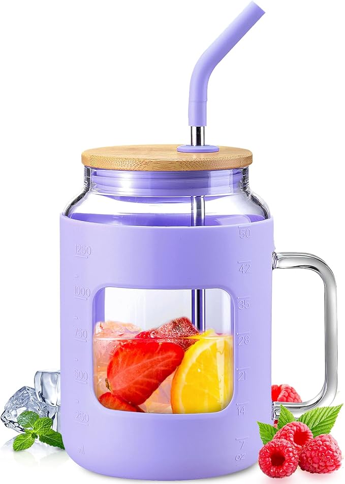 WINSA 50 oz Glass Water Bottles with Silicone Sleeve,Glass Tumbler with Lid and Straw,Iced Coffee Cup with Handle,BPA Free-Purple