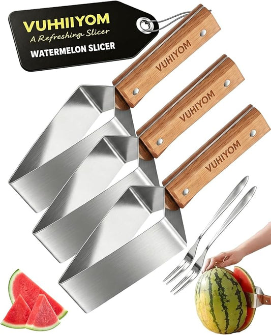 2026 Stainless Steel Watermelon Slicer, Watermelon Cutter Slicer Tool with Wooden Handle, Triangle Fruit Melon Knife Kitchen Gadgets for for A Wide Variety, Cantaloupe, Honeydew, Apples(3pcs#)