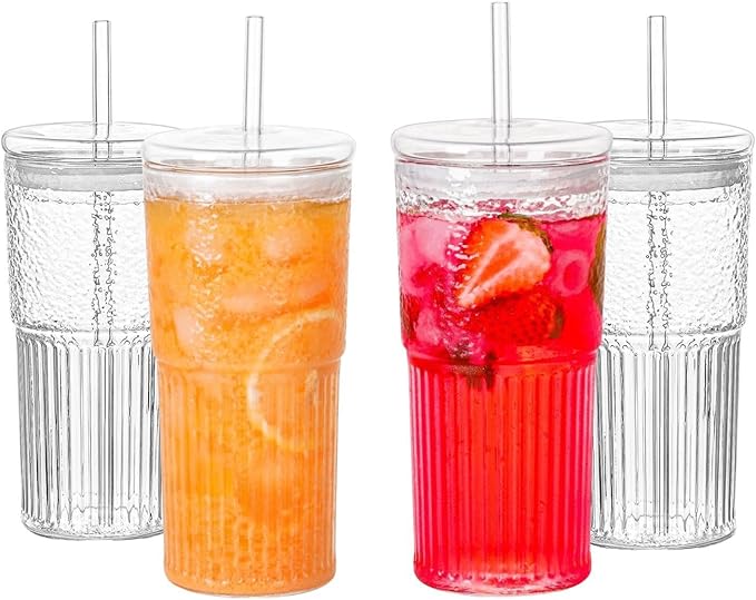 QWEZXO Glass Cups With Lids and Glass Straws，20 OZ 4pcs High Borosilicate Glass Tumbler Iced Coffee Water Smoothie