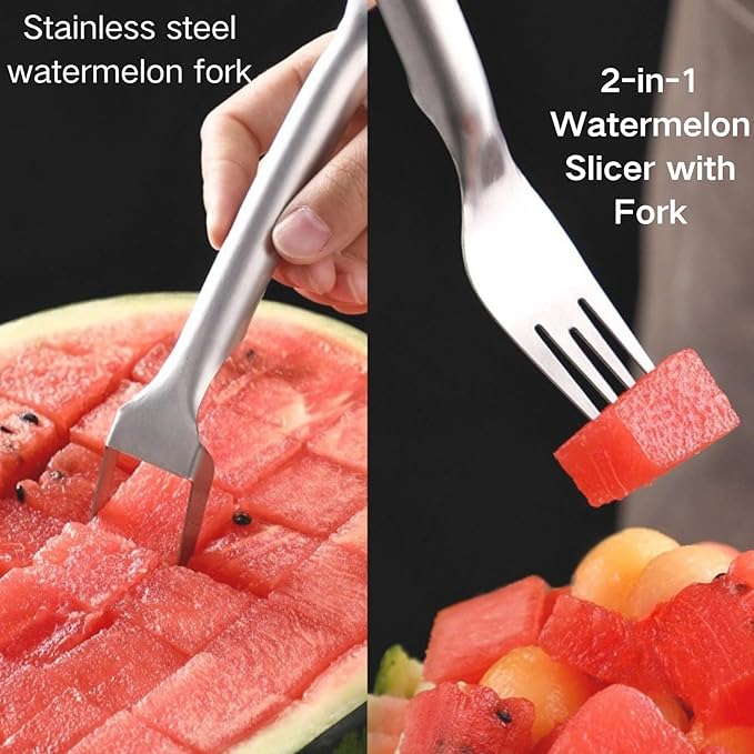 Watermelon Fork Slicer Cutter, 2-In-1 Stainless Steel Fruit Cutter, 2025 Upgrade Portable Melon Slicer Tool for Camping, Picnics, Home, Parties – Effortless Cubes & No Mess