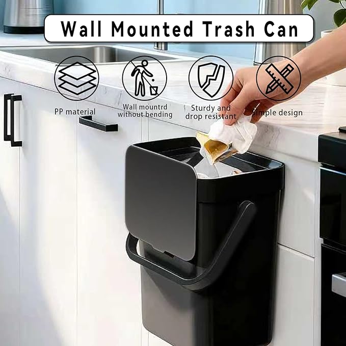 Compost Bin Kitchen, for use on Countertops or Under Sinks, Hanging Trash Can with Lid, Mountable Indoor Compost Bucket, for Cupboard/Bathroom/Bedroom/Office/Camping (Black 0.8 Gallon/3L)