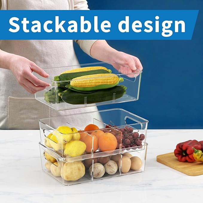 Mpotmiy Pantry Organizers and Storage , 8 Pack Snack Organizer for Pantry Shelf,Food Storage Bins with Divider,Clear Containers for Organizing,Transparent Plastic Basket,Refrigerator and Fridge Bins