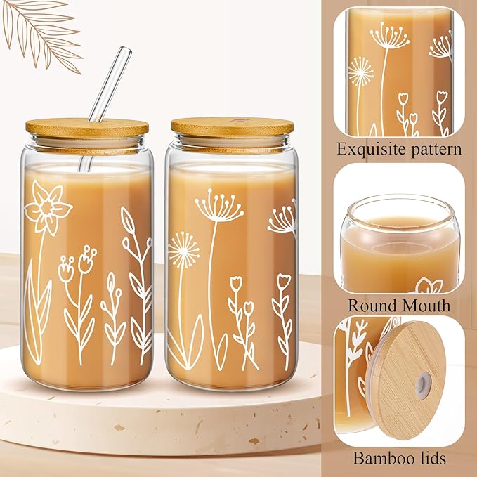 Mumufy 2 Pack Bridesmaid Gift Glass Cups, Cute Flower Mason Jars with Bamboo Lids & Straws, 16oz Iced Coffee Tumblers for Wedding, Bridal Party, Birthday, Mother's Day(Boho Flower)