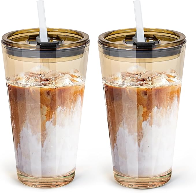 15oz 2 Pcs Glass Iced Coffee Cup with Lid Straw Thick Leak Proof Drinking Glasses Tumbler for Gift Cold Drink Smoothie Boba Tea(Amber*2)